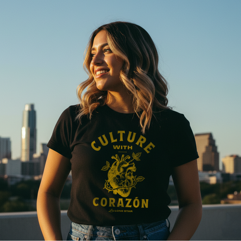 Black t-shirt with yellow text and graphics, standing against a city skyline.