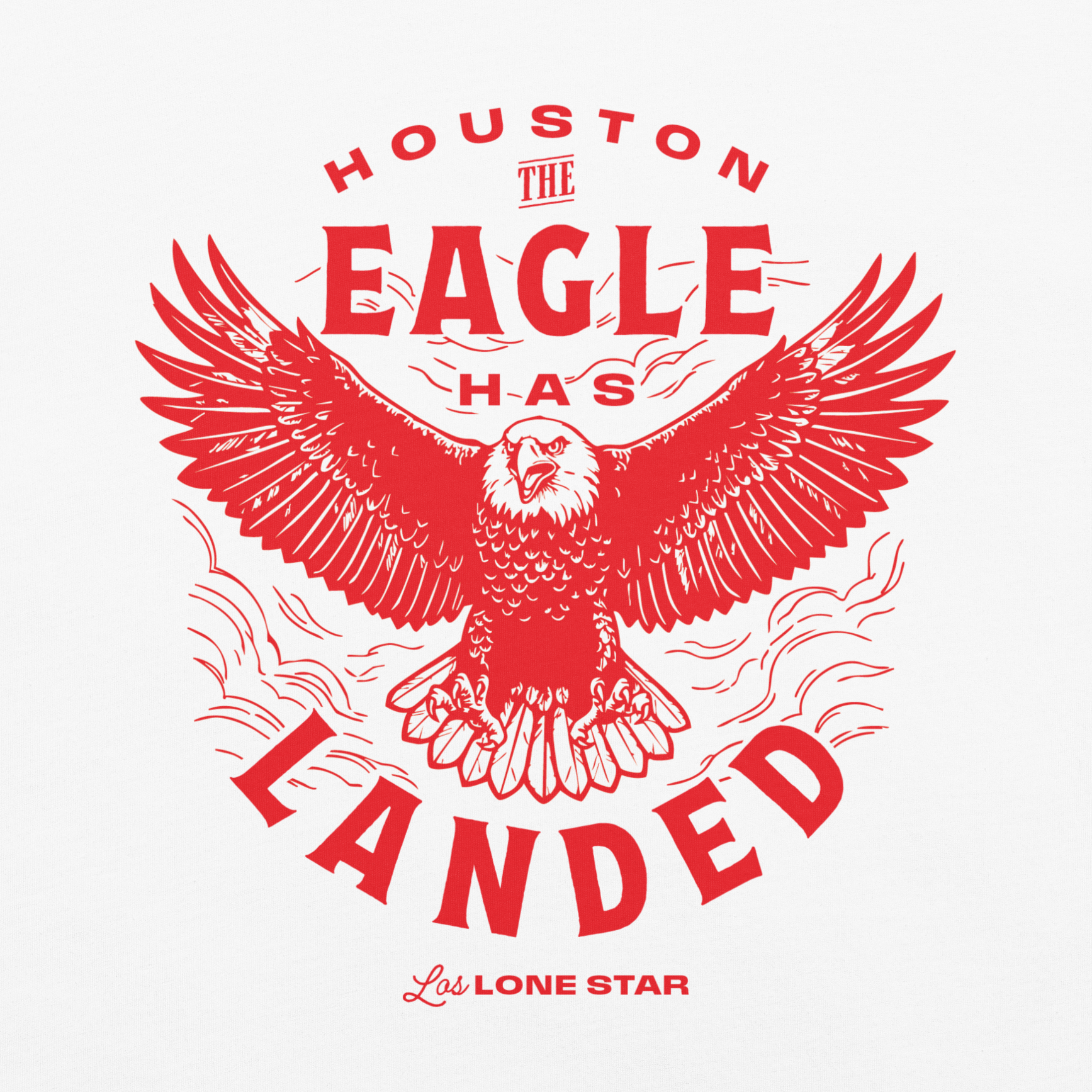 Red Eagle graphic with 'Houston, the Eagle Has Landed' text on a white background