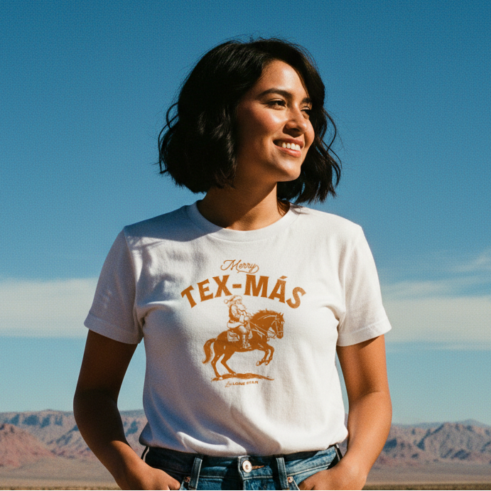 Wearing a 'Tex-Mas' t-shirt with a horse graphic, Big Bend Texas.