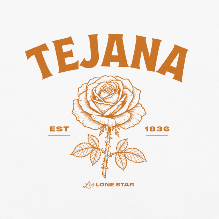 Tejana logo with a rose and 'Est. 1836' on a white background